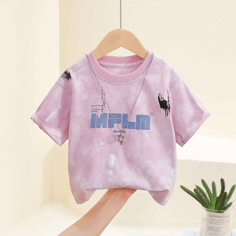 7821 Camiseta de manga corta de verano para niños 2025 nuevo estilo estilo occidental chico guapo rosa tie-dye media manga t top bebé