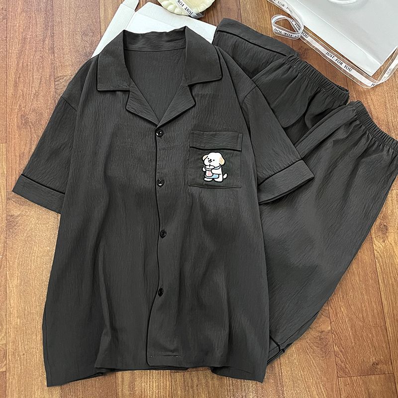 Pijamas de verano para hombres simple ocio dibujos animados perros bordados nubes sólidas algodón ropa de hogar tres piezas conjunto de cabello