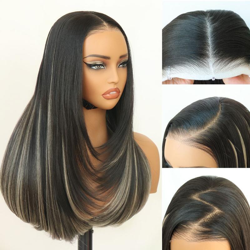 Hand-Woven Black Long Straight Hair Lace Front Wig Cross-Border European and American Natural Women's Middle-Parted Long Straight Hair Chemical Fiber Full Headgear