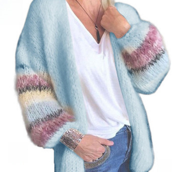 Women's Striped Mohair Cardigan Knitted Long Sleeved Coat_voghion.com
