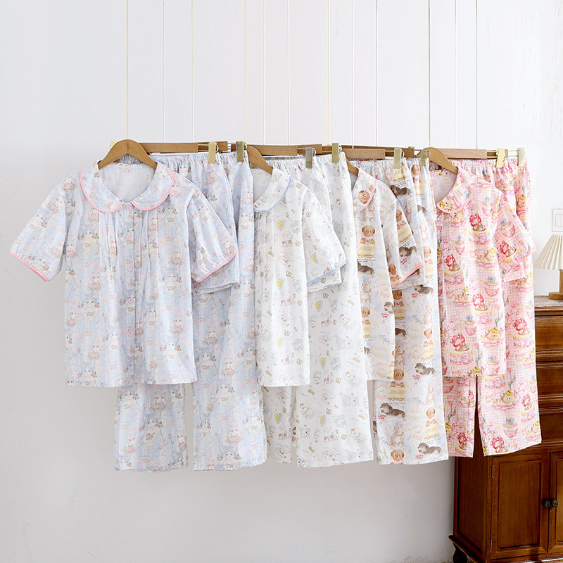 Spring and Autumn Cotton Women's Pajamas Summer Thin Fresh Sweet Girl Next-door suit Short-sleeved Trousers Three-piece Set Spring and Autumn Cotton Women's Pajamas Summer Thin Fresh Sweet Girl Next-door suit Short-sleeved Trousers Three-piece Set