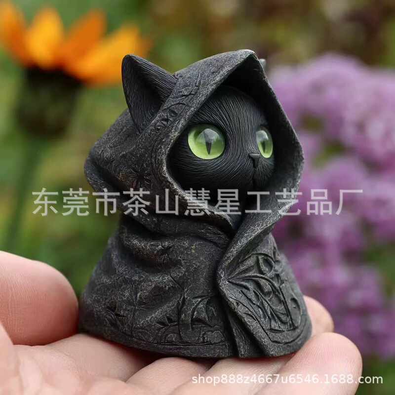 跨境新品Mysterious Hooded Cat Fiqurine身披斗篷哥特式黑猫雕像|undefined