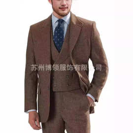新款人字呢男士西装套装三件套修身款商务宴会伴郎服新郎西装
