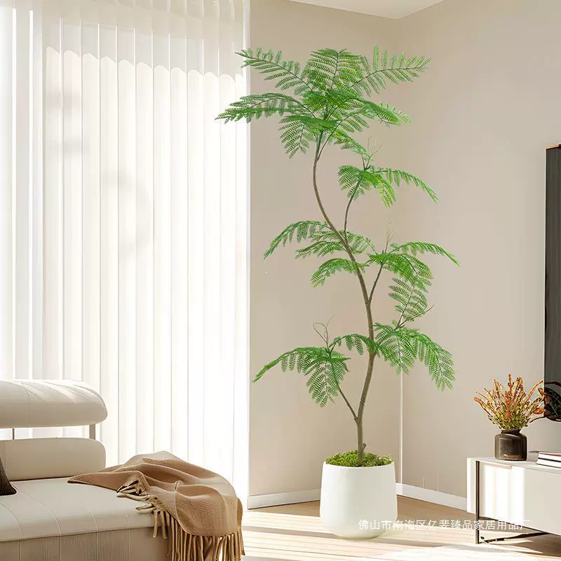 Голубой цветок зеленая посадка светло-роскошная гостиная диван телевизионный шкаф на полу большие горшечные поддельные растения