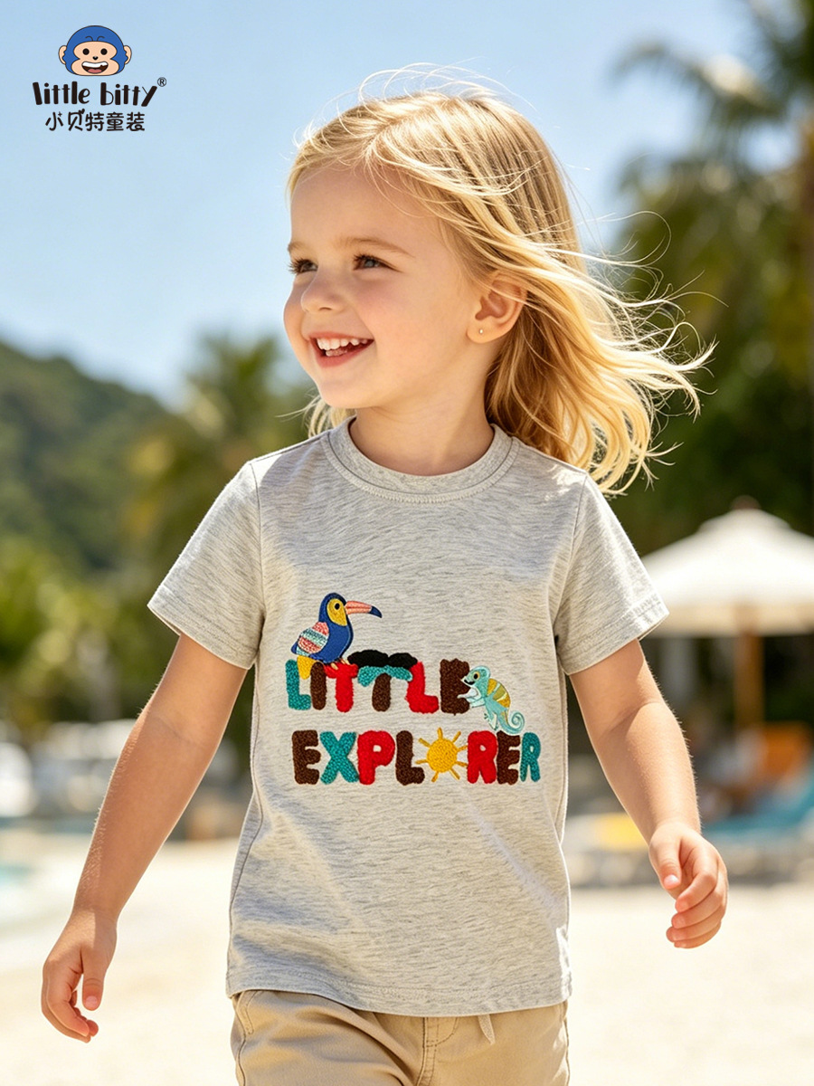 European and American Style 2026 Spring/Summer Children's Short-Sleeve T-Shirt with Letter Towel Embroidery, Cartoon Animal Embroidery, Round-Neck Top