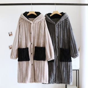 Autumn and Winter Couple's Coral Fleece Pajamas Thickened Bathrobe Men's and Women's Nightgown Mid-length Home Clothes suit Flannel