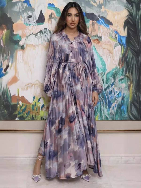2024 New European and American Style Personality Printing Full-open Pleated Lantern Sleeve Round Neck Elegant Heavy Industry Long Shirt dress