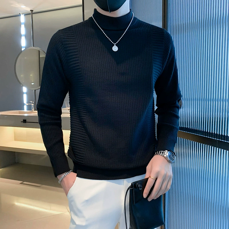 Мужской эластичный цветной вязаный демисезонный базовый свитер, slim fit