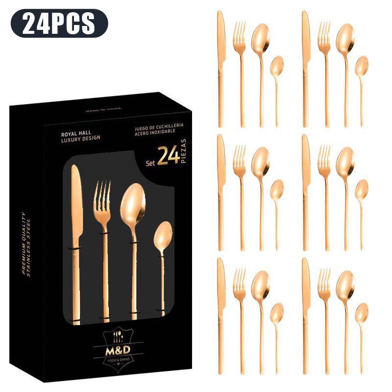 Vajilla de caballero de acero inoxidable de Amazon transfronterizo, bistec occidental, cuchillo, tenedor, cuchara, cuchara de postre, juego de caja de regalo de 24 piezas