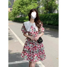 法式复古鲜艳碎花娃娃领泡泡袖收腰甜美雪纺茶歇连衣裙女2024夏季