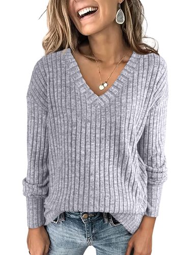 2024 Amazon Wish Bestselling Cross-border Women's Fashion Long-sleeved V-neck Ribbed Velvety Knit Top T-shirt