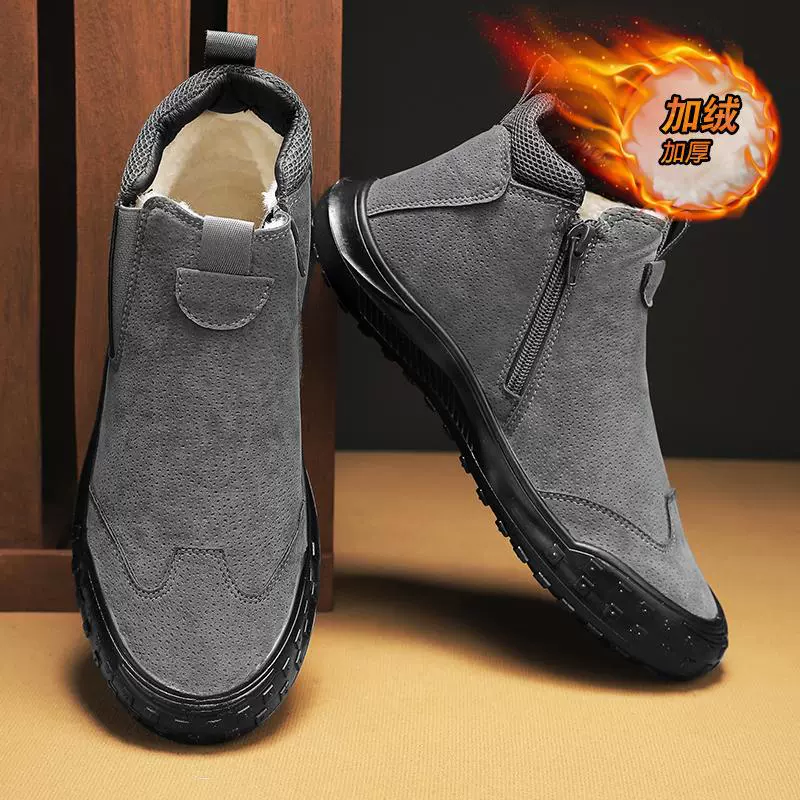 2024 новая зимняя хлопчатобумажная обувь мужская бархатная теплая одна педаль снежные сапоги с круглой головкой и толстым дном для работы по страхованию труда мужская хлопчатобумажная обувь