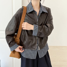 韩版时尚假两件拼接短外套女春秋新款小个子显瘦PU皮衣夹克