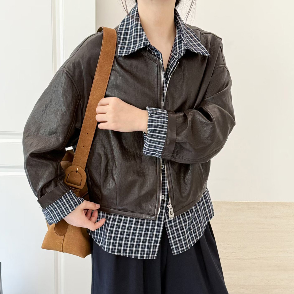 韩版时尚假两件拼接短外套女春秋新款小个子显瘦PU皮衣夹克