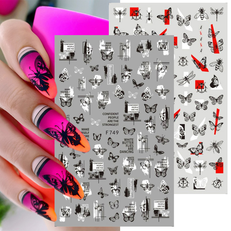 Cross-border hot nail stickers ins punk style letters art lines butterfly black and white 3D adhesive nail stickers