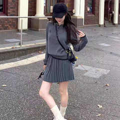 美式学院风针织裙套装2025秋冬撞色polo领纽扣针织毛衣上衣百褶裙