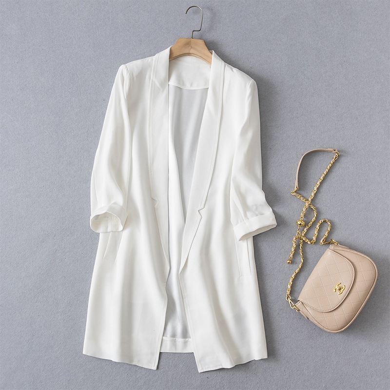 春夏季气质通勤长款休闲白色小西装领薄款加厚纯色一粒扣欧美西装