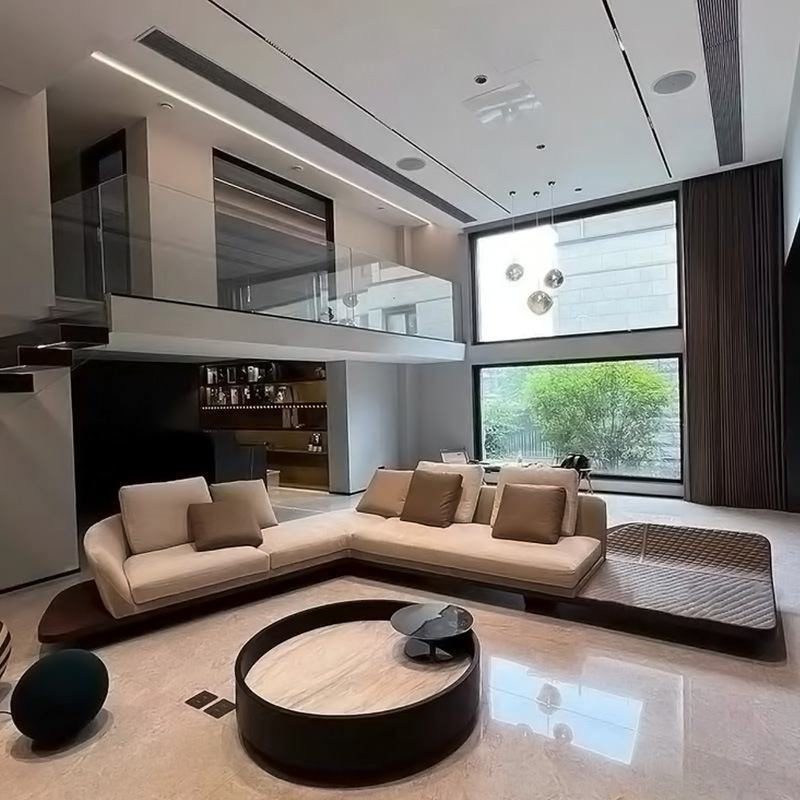 Sofá de tela italiana de lujo de alta gama para sala de estar o villa, sofá Ferrari de tela curvada irregular esmerilada