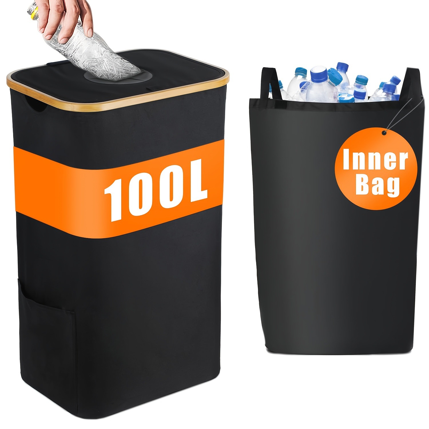 Cesta de almacenamiento de bambú con cubierta desmontable botella reciclada cesta de almacenamiento basura cocina casera reciclaje plegable