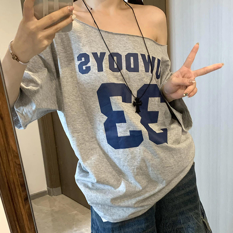 American Style Pure Shoulder Shoulder Short-sleeved T-shirt Women's 2025 Summer Loose Simple Style Slimming Sweet Spice Girl Top Trendy American Style Pure Shoulder Shoulder Short-sleeved T-shirt Women's 2025 Summer Loose Simple Style Slimming Sweet Spice Girl Top Trendy