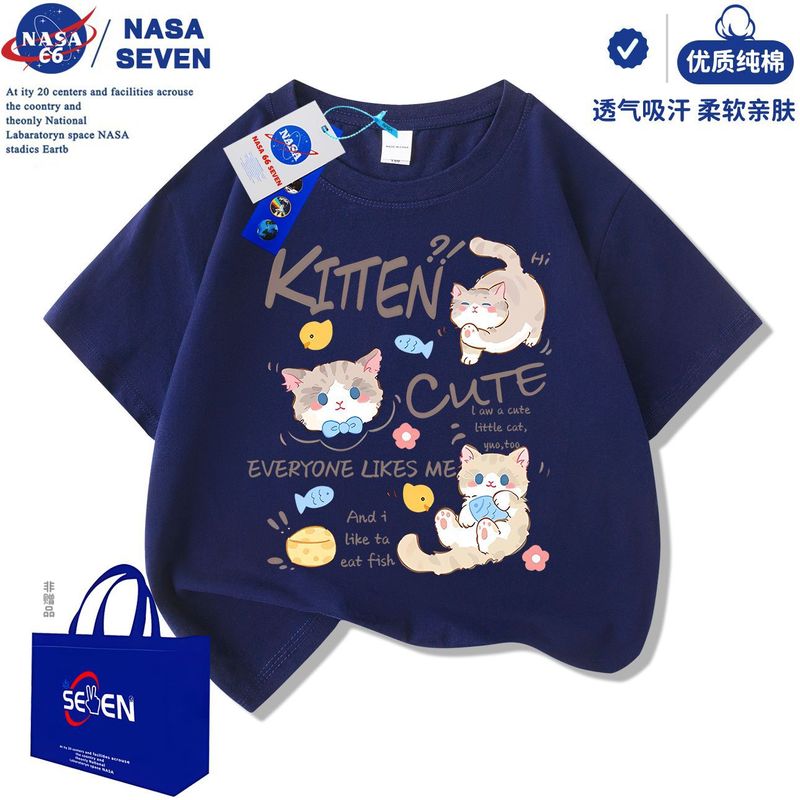 NASA 共同ブランド子供用純綿 Tシャツ夏の新しい漫画猫半袖女の子かわいいドーパミントップス|undefined