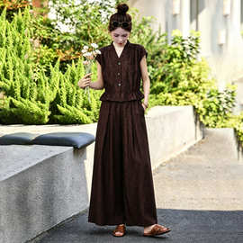 V领短袖衬衫阔腿裤裙套装女夏季2026新款复古洋气显瘦提花两件套