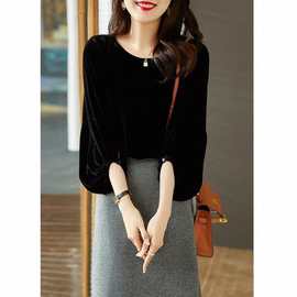 复古灯笼袖金丝绒衬衣女装深圳欧货高端大牌打底衫女人味丝绒上衣