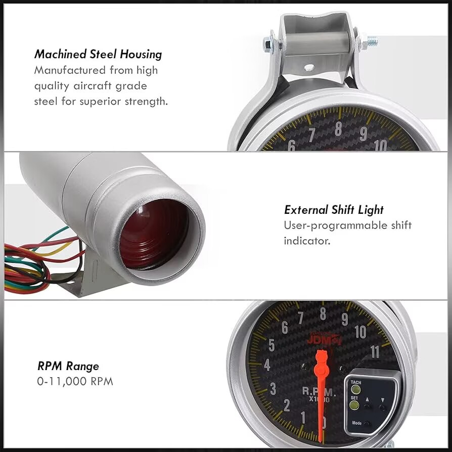 Cross-Border Hot-Selling Product 5inch Car Tachometer with Real Carbon Fiber Surface, Silver Casing, and Alarm Light for Racing Car Modification