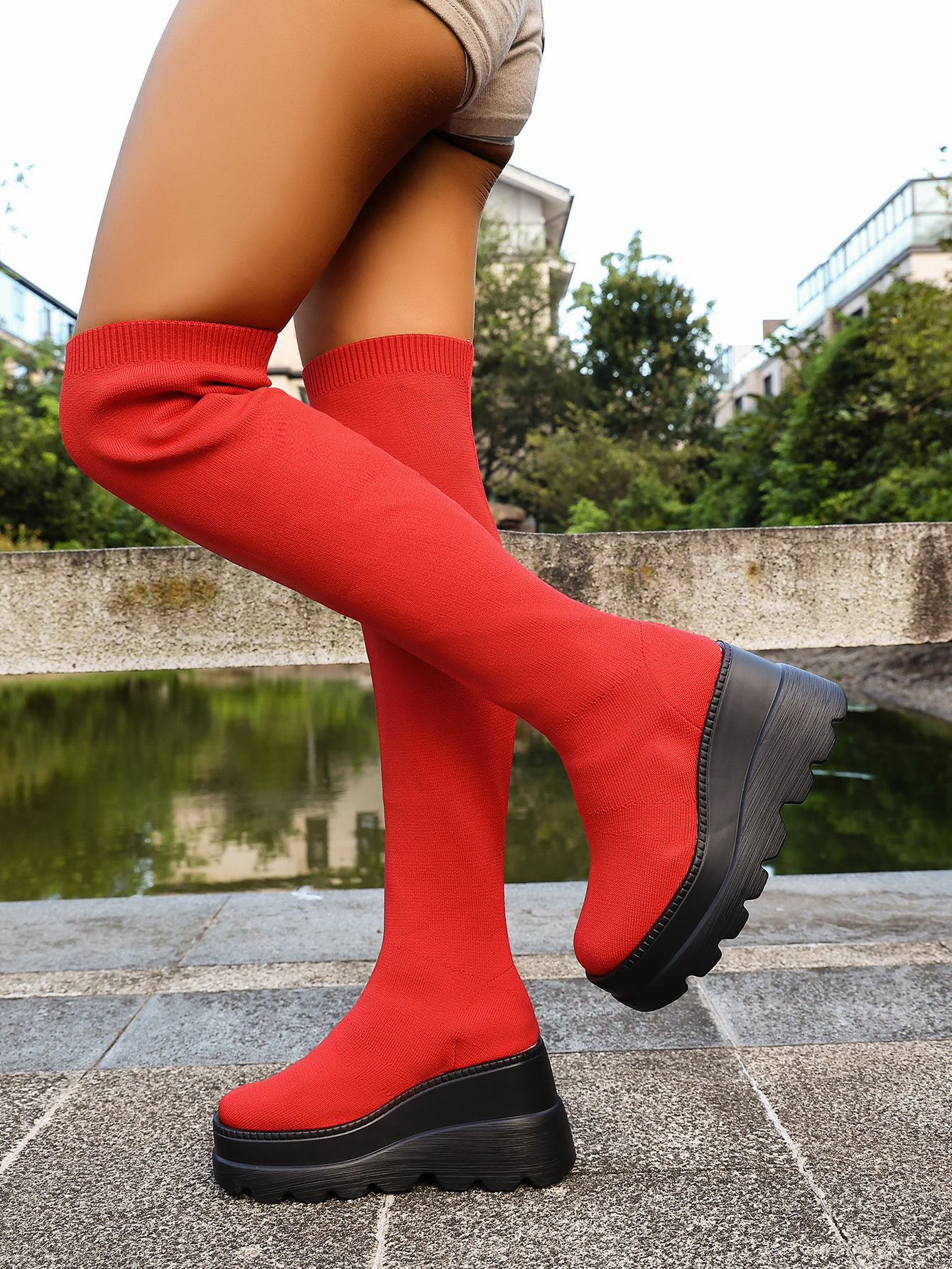 Women's Plus Size Over The Knee Wedge Boots Elastic Sock Style_voghion.com