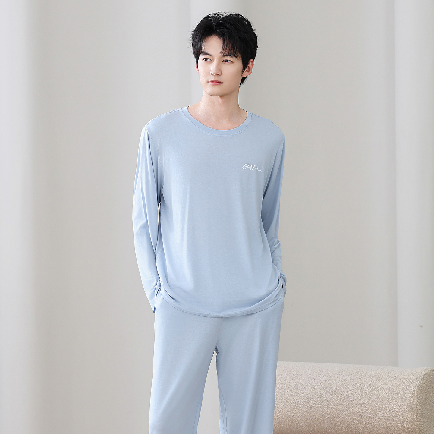 New Modal Men's Pajamas Set Autumn and Winter Long Sleeve Trousers Large Size Casual Home Clothes Men's Can Be Weared Outside