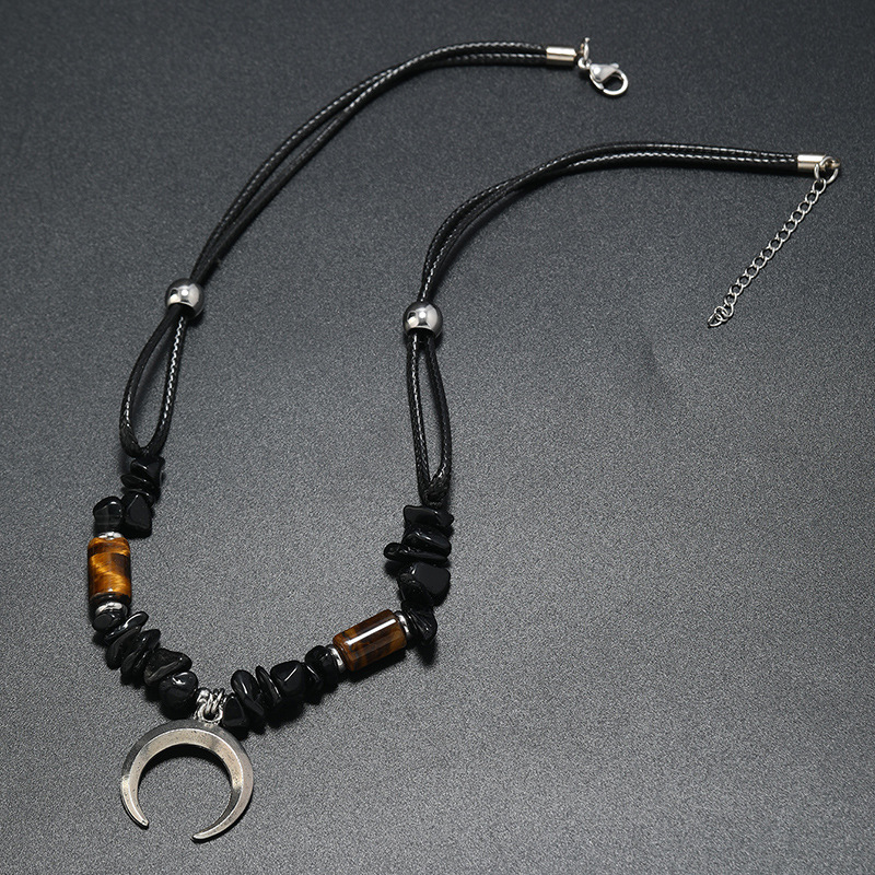 Retro Bohemian Geometric Moon Alloy Natural Stone Glass Beaded Knitting Men's Necklace display picture 9