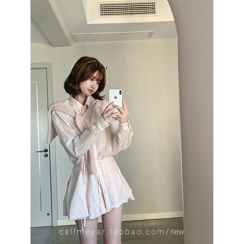 CallmeEar//【告白诗篇】粉色条纹长袖收腰衬衫连衣裙女早秋裙子|undefined