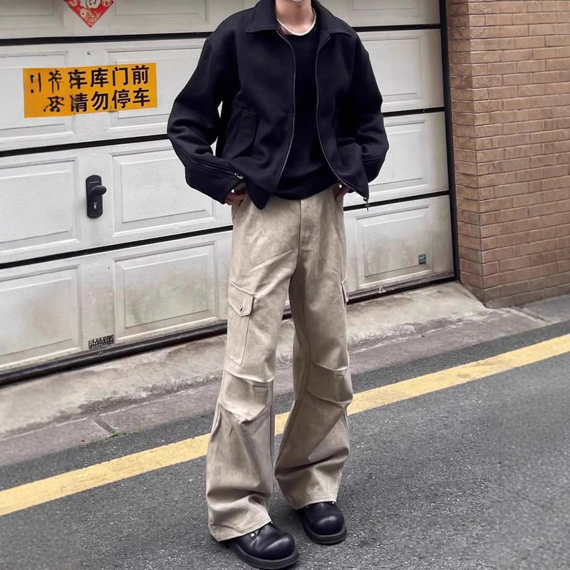 DZ Fabric] Marble Pocket Cargo Pants Men's American-style High Street Loose Casual Straight Leg Wide-leg Paratrooper Pants