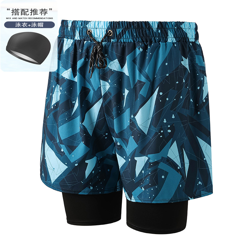 navy blue 001-7 men's swimming trunks with swimming cap