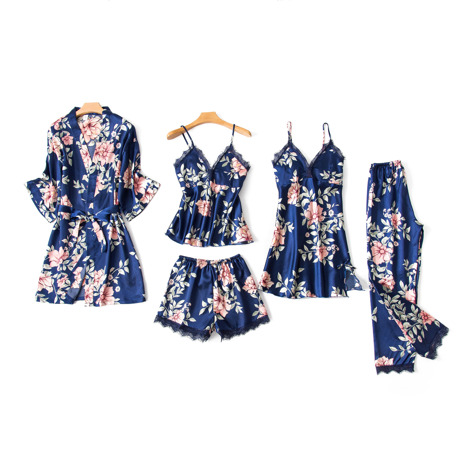 Pijamas de cinco piezas de primavera y otoño de las mujeres falda Liga sexy camisón de estilo japonés seda artificial dulce encaje ropa para el hogar