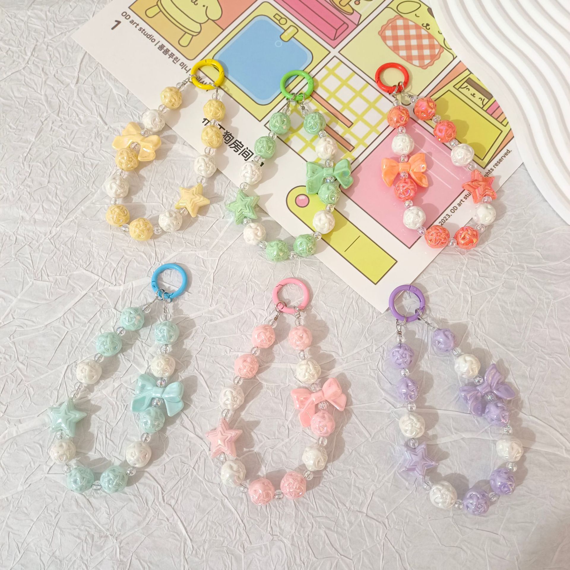 New Bird's Nest Bead Chain Mobile Phone Buckle Pendant Bow Five-pointed Star Decorative Luggage Hanging Key Pendant Round Buckle