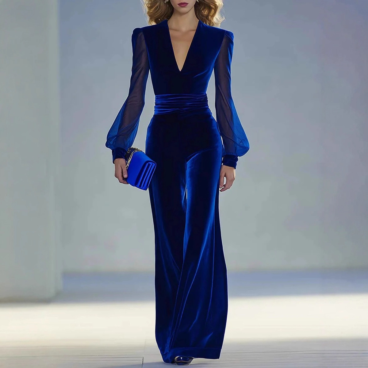 2025 European and American Women's Clothing Independent Station Amazon Long-Sleeved Long Pants Gold Velvet See-Through Pure Color Jumpsuit