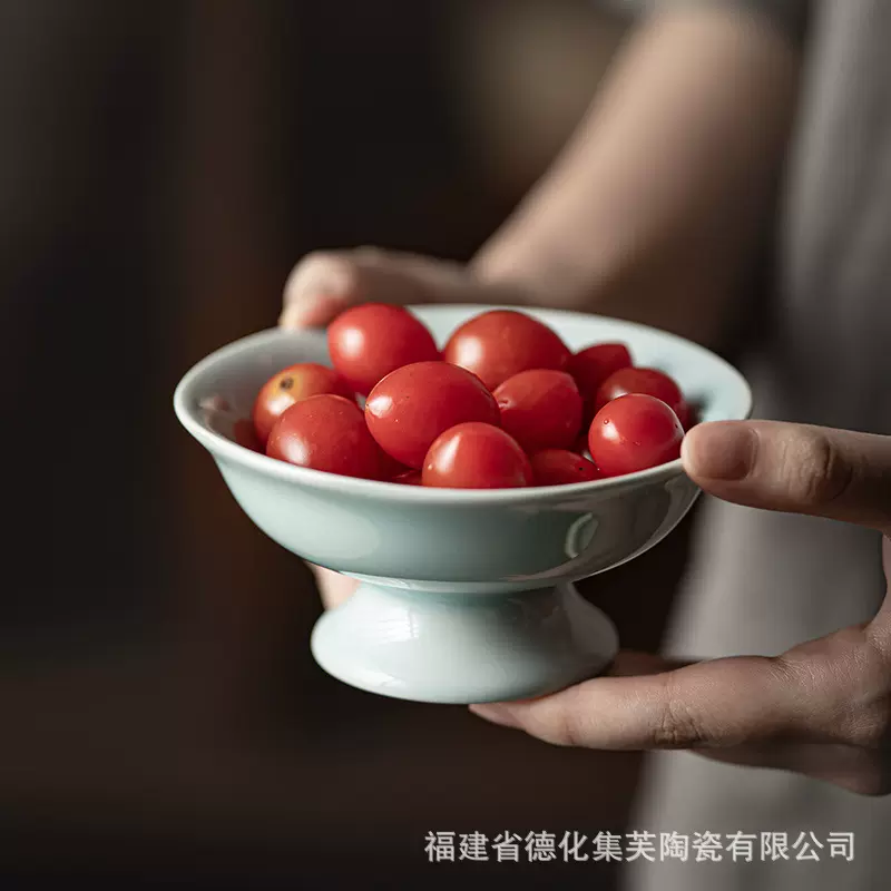围炉煮茶家用室内点心摆盘青瓷高脚果盘中式陶瓷茶点盘复古糕点盘