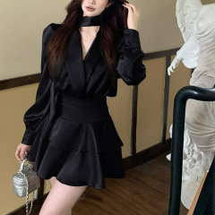 春秋新款女装套装气质名媛缎面衬衫蛋糕半身裙高级感小洋装两件套