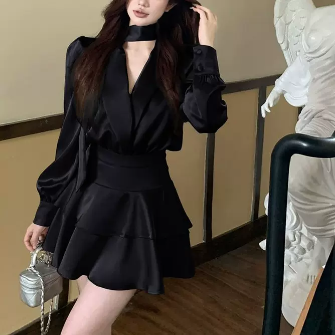 春秋新款女装套装气质名媛缎面衬衫蛋糕半身裙高级感小洋装两件套