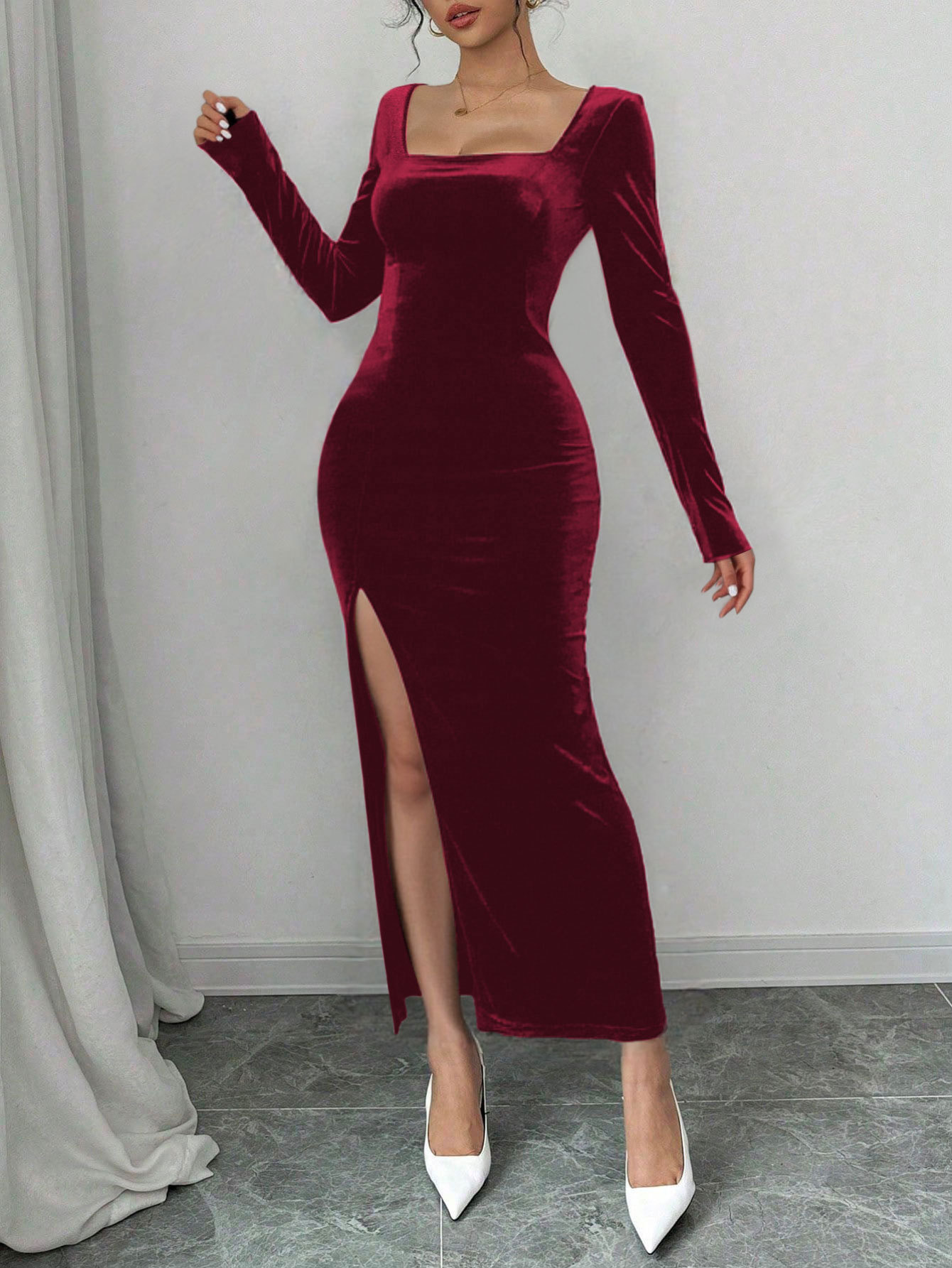 Women's Elegant Square-Neck Long-Sleeve Maxi High Waist Dress
