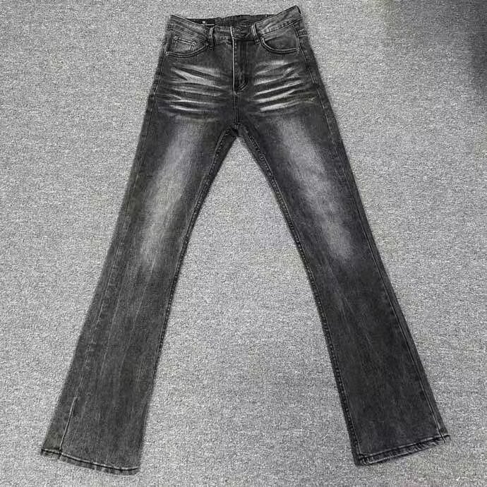 Men's Black Washed Flared Jeans With Fleece Lining - Clean Fit Stretch Denim Pants For High Street Fashion_mkmklike.com