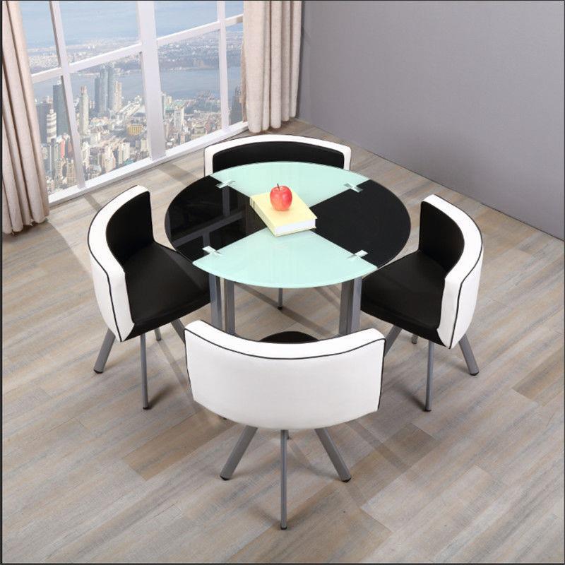 Mesa y sillas de comedor modernas, mesa redonda pequeña de vidrio templado, mesa y sillas para recepción y negociación, una mesa y cuatro sillas, cocina de inducción.