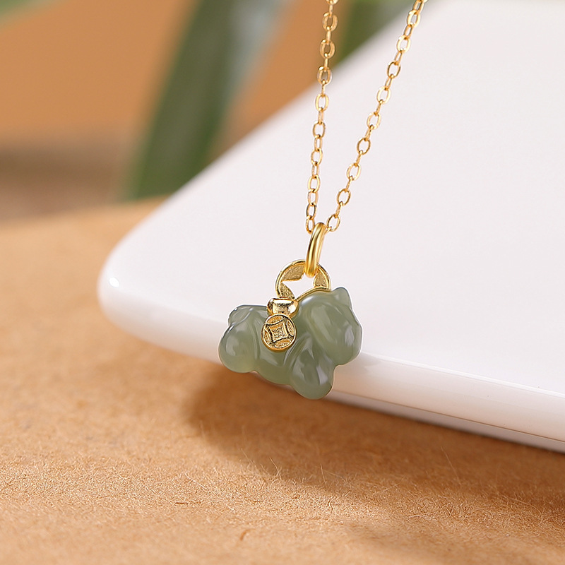 Mặt dây chuyền bạc S925 mạ vàng đính đá ngọc bích và pha lê hình đồng xu cát tường — Hồng thủy (không kèm dây)