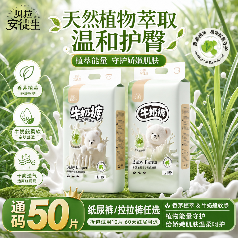 【新品】贝拉安徒生香茅植萃牛奶裤拉拉裤婴幼儿一次尿不湿夏季薄