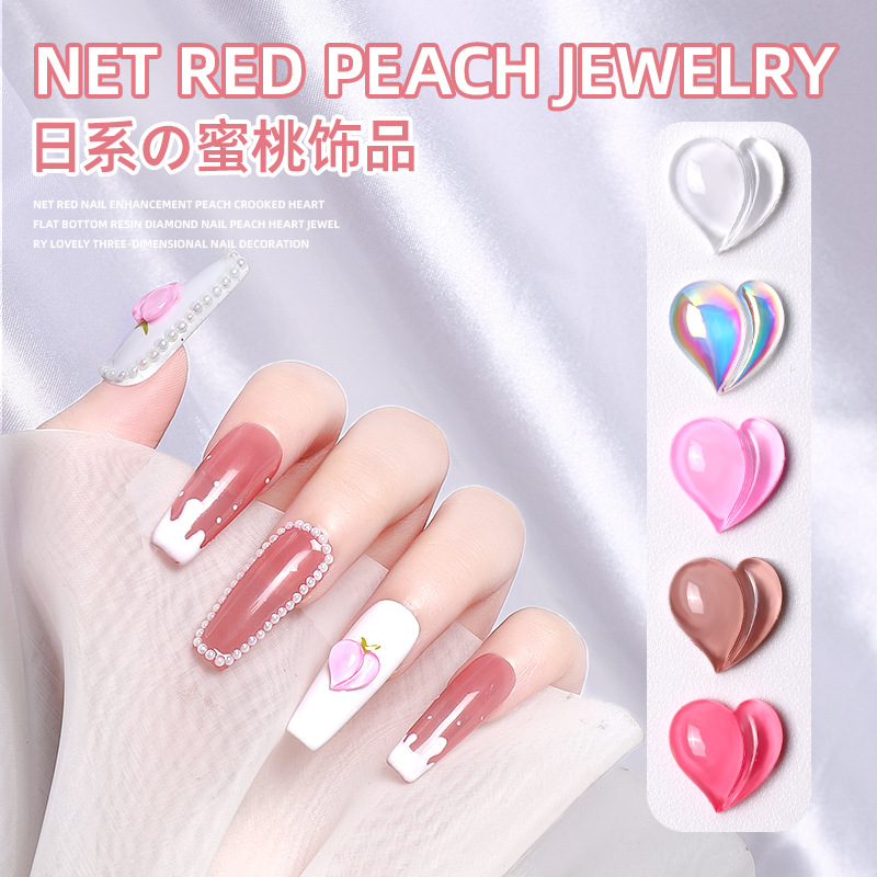 Japonés lindo torcido melocotón corazón uñas joyería resina neto rojo hielo transparente tridimensional melocotón plana decoración de uñas 10 unidades