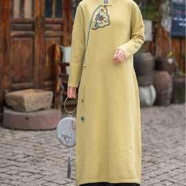 套头新款秋季刺绣文艺纯色女休闲时尚2023 宽松毛衣连衣裙中长款