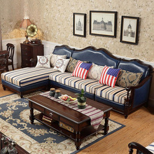 美式乡村实木沙发组合 小户型转角沙发带茶几复古罗马柱皮靠背