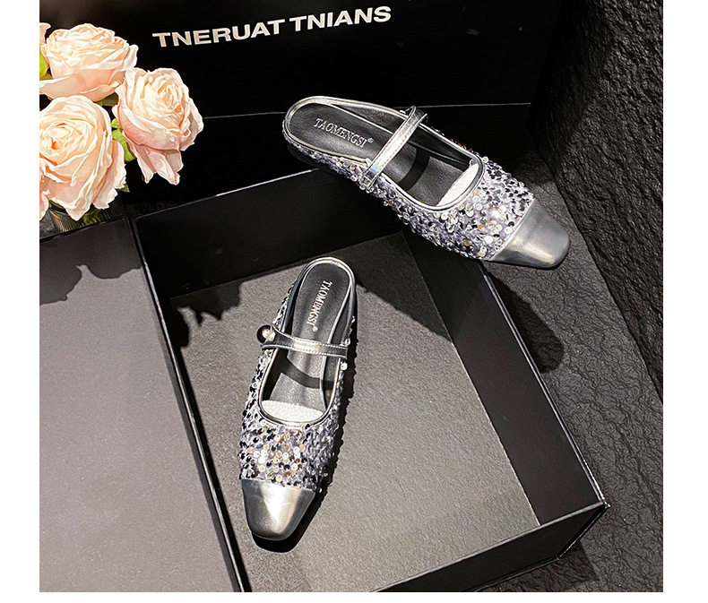 Dép mule sandal nữ bít mũi vuông quai ngang đính sequin lấp lánh, gót thấp 1–3 cm — Màu bạc, Màu đen chi tiết 30