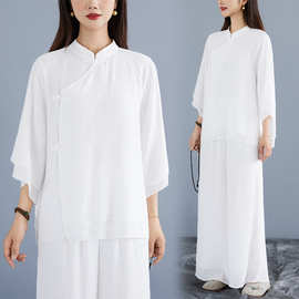 禅修打坐服太极拳练功服八段锦女秋季复古棉麻禅意茶服瑜伽疗愈服